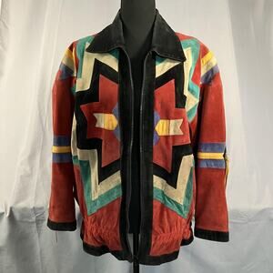 Scully Suede Leather Jacket Womens 8 Red Multicolor Western Aztec Zip Geometric